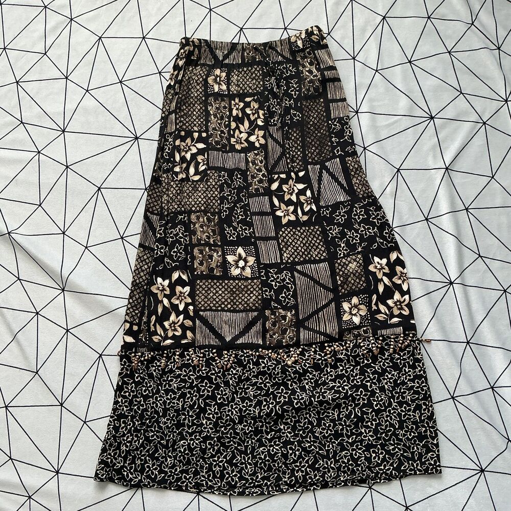 90s Boho Maxi Skirt PM Black Tan Patchwork Print Wood Bead Trim Rayon